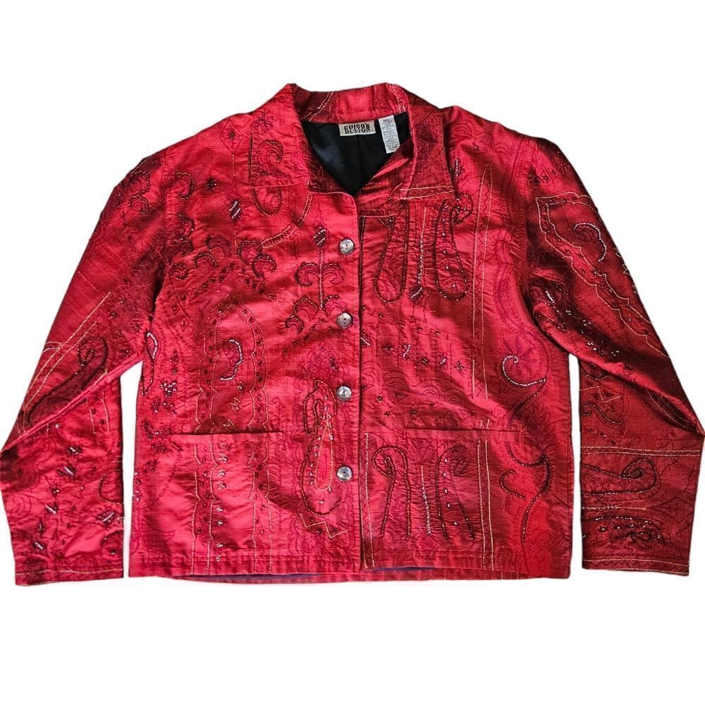 Chico's Vintage 100% Silk Red Embroidered Beaded Tapestry Jacket Blazer L/12